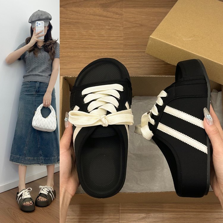 丑萌厚底德训拖鞋女外穿2026秋季新款系带露趾一脚蹬懒人休闲凉拖