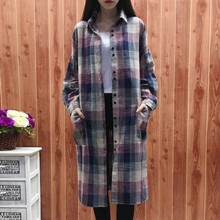 女中长款 宽松大码 棉麻显瘦长袖 格子衬衫 2019秋装 衬衣外套 新款 韩版