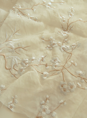 布悟中国风腊梅刺绣纯苎麻布料夏季文艺风连衣裙旗袍汉服半透面料