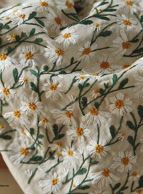 布悟ins风复古文艺雏菊刺绣立体绣花棉麻布料DIY包包衣服手工面料