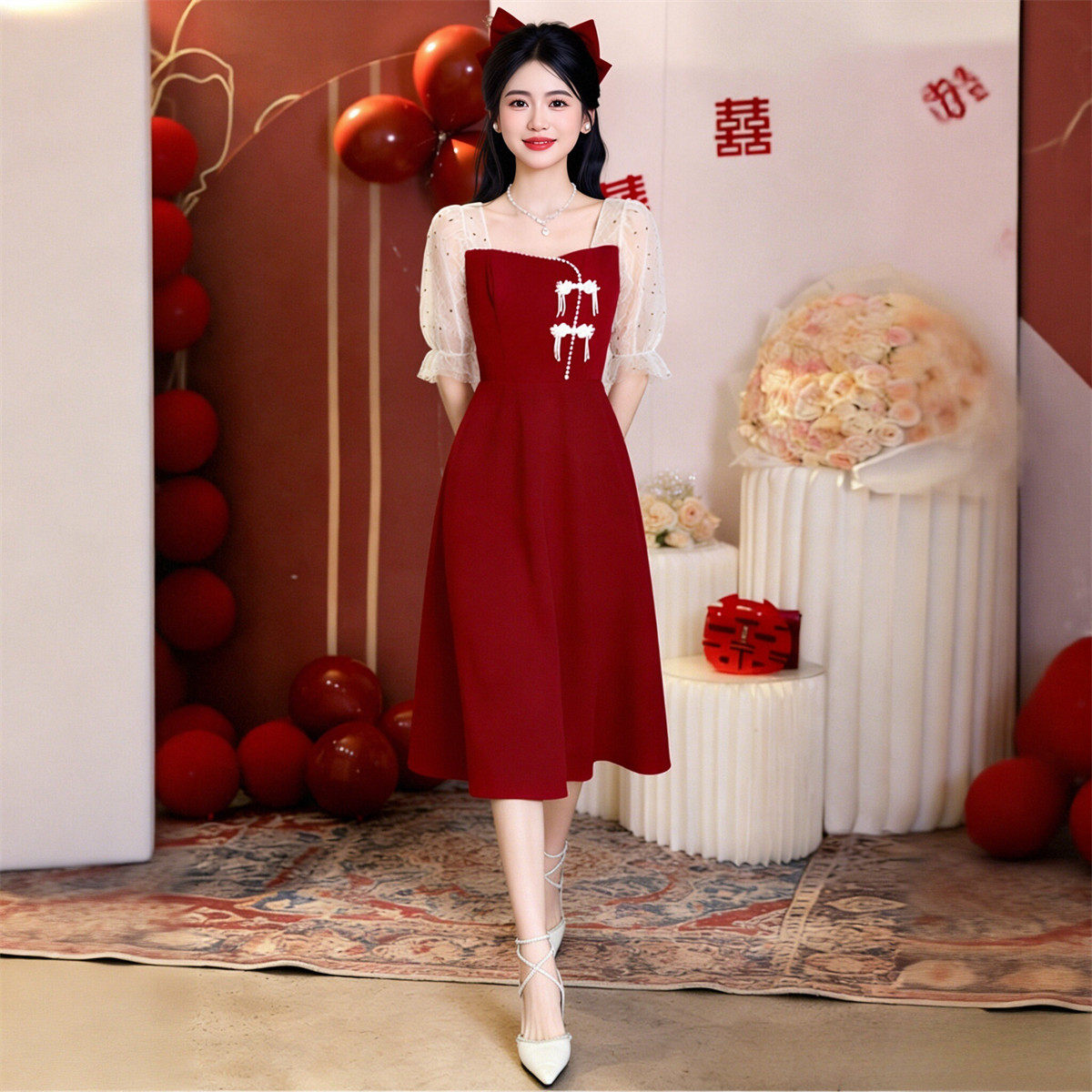 新娘订婚回门敬酒服夏季方领网纱五分袖A字裙短袖结婚礼服小个子