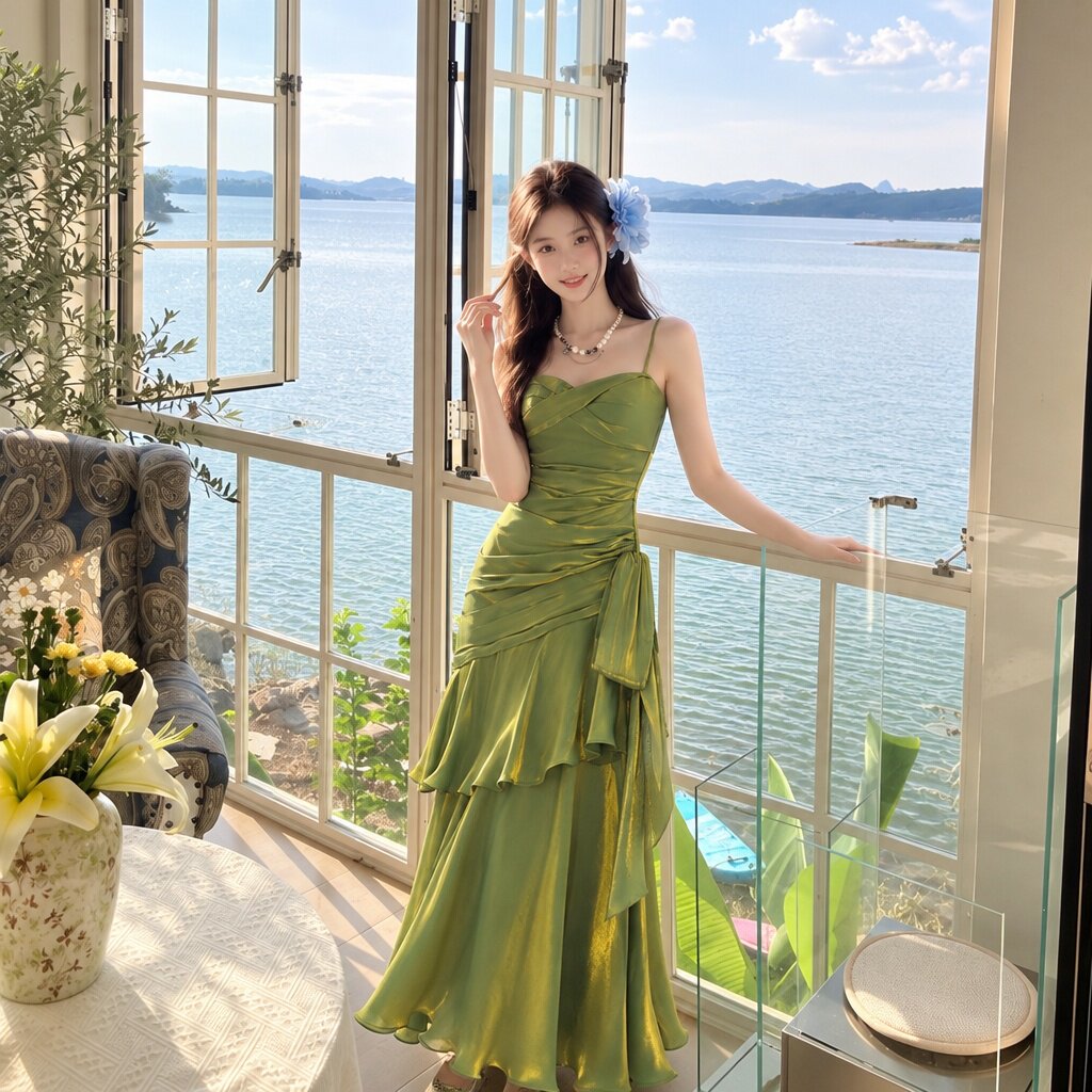 优雅绿色荷叶边吊带连衣裙女收腰鱼尾裙高端宴会礼服长裙日常可穿