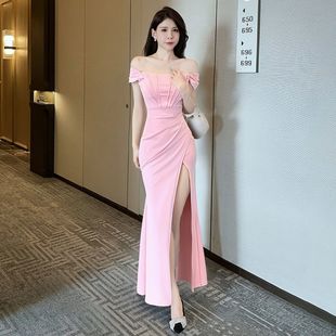 法式一字肩粉色宴会礼服女日常可穿气质修身包臀年会主持人连衣裙