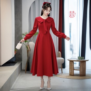 法式 高级感气质敬酒礼服小个子礼服裙女 减龄娃娃领红色连衣裙便装