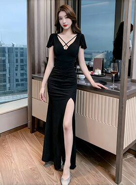 夜总店性感气质红色晚装开叉晚礼服女春秋spa显瘦包臀佳丽连衣裙