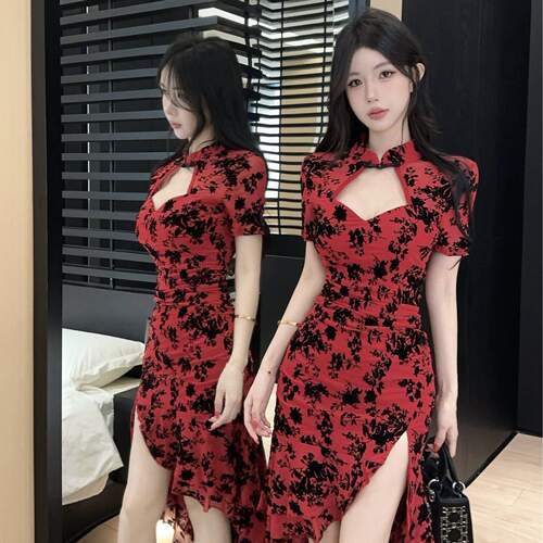 立领镂空短袖不规则开叉裙女