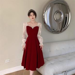 订婚礼服高级感女便装 平时可穿纱袖 法式 方领回门小个子春夏中长款