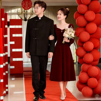 复古方领珍珠蝴蝶结收腰晚礼服
