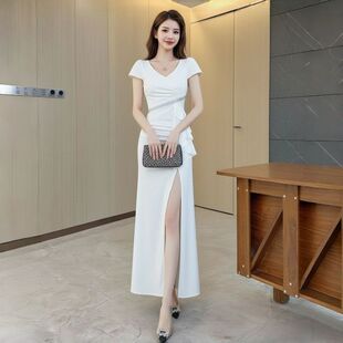 礼服连衣裙 显身材宴会通勤长款 优雅风白色V领短袖 裙镶钻腰饰修身