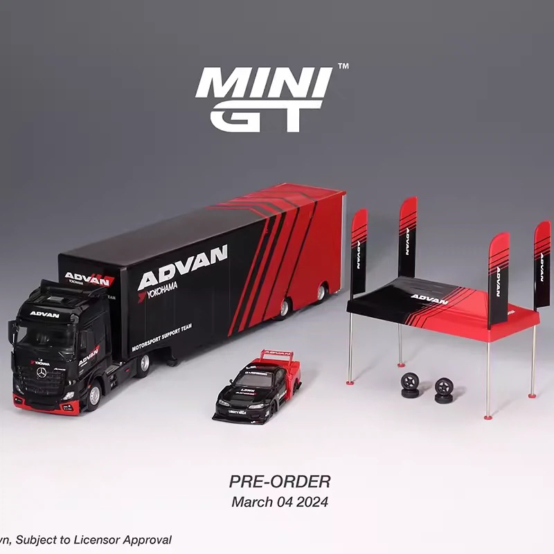 MINIGT 1:64 #649 LB尼桑S15 奔驰运输拖车ADVAN涂装帐篷合金车模