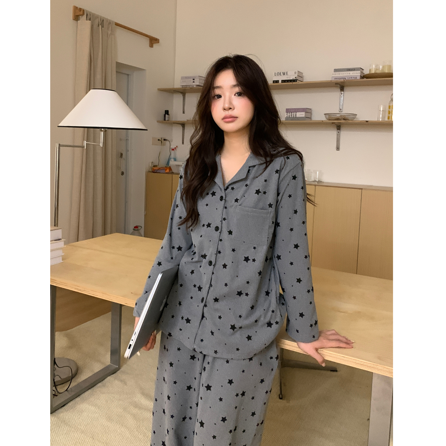 星星波点磨毛德绒睡衣女款秋冬季