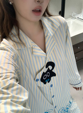 条纹猫咪带胸垫睡衣女秋季新款