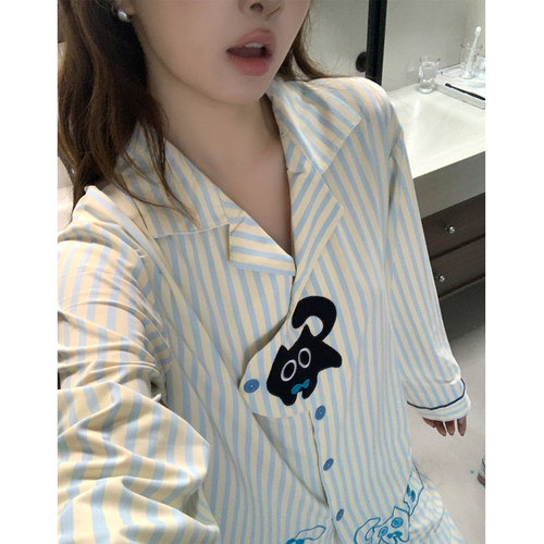 条纹猫咪带胸垫睡衣女秋季新款