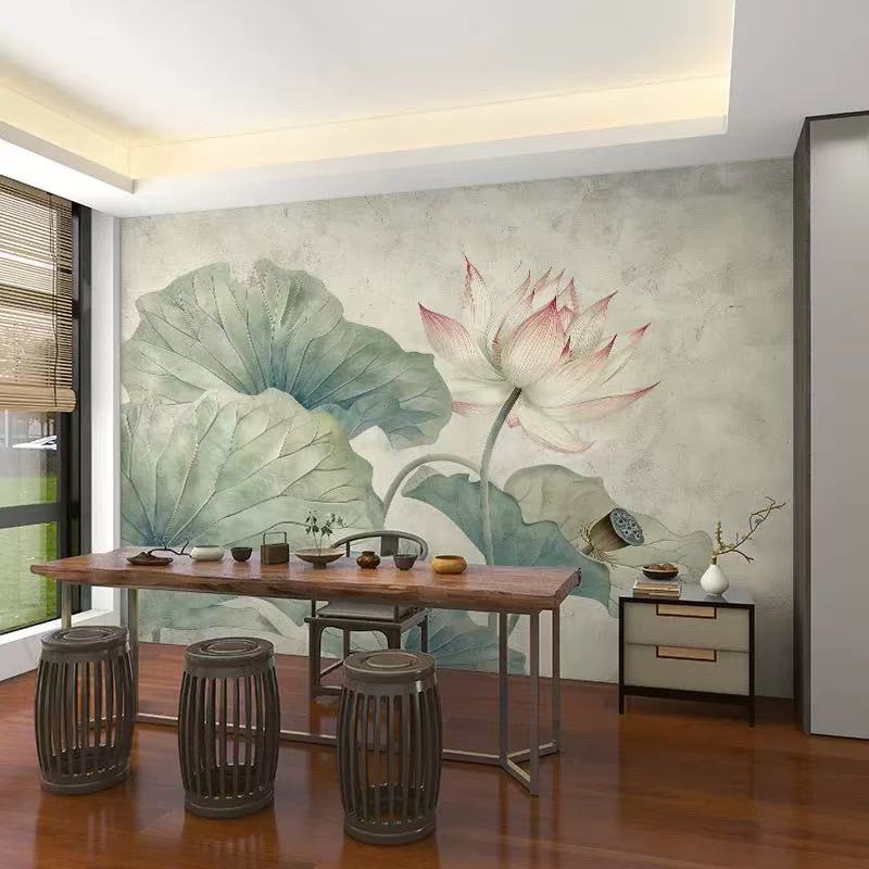 壁画定制3d立体中式意境荷花电视背景墙壁纸客厅壁布装饰墙布墙纸图片