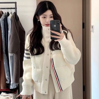 TB拼接针织袖短款羽绒棉服小个子穿搭立领棉衣冬季加厚假两件外套