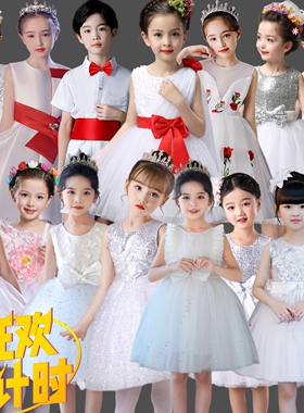 六一新款洋气公主裙连衣裙花童主持蓬蓬裙儿童演出服女童白色礼服