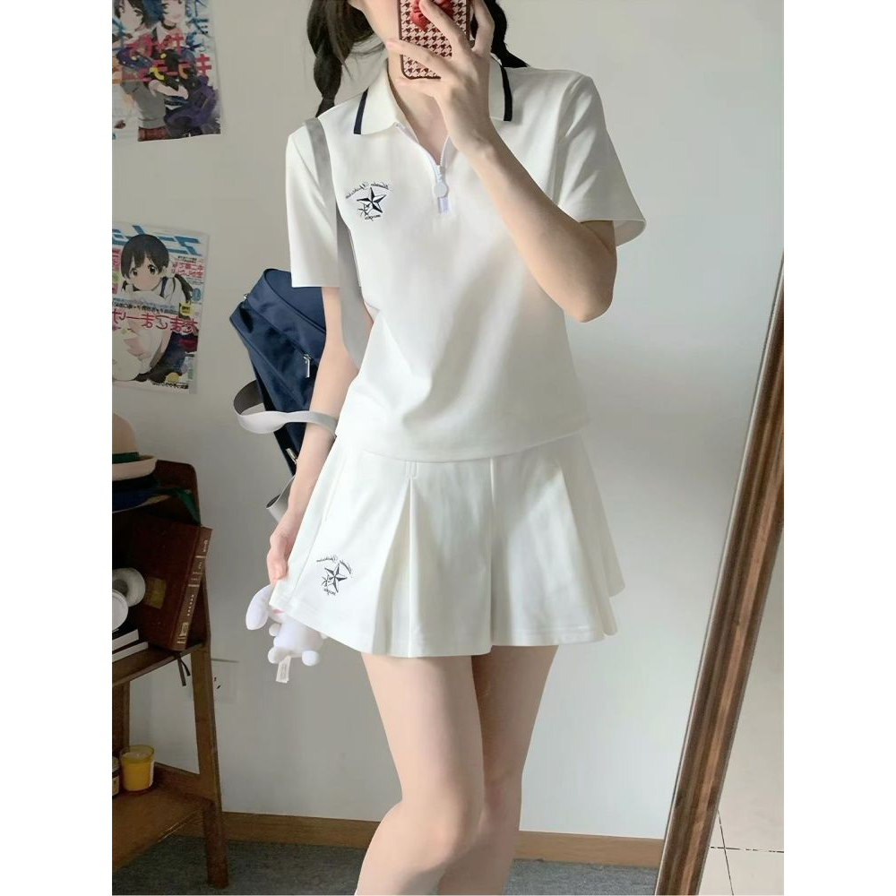 韩版学院风休闲运动套装女夏季学生百搭宽松POLO短袖短裤裙两件套