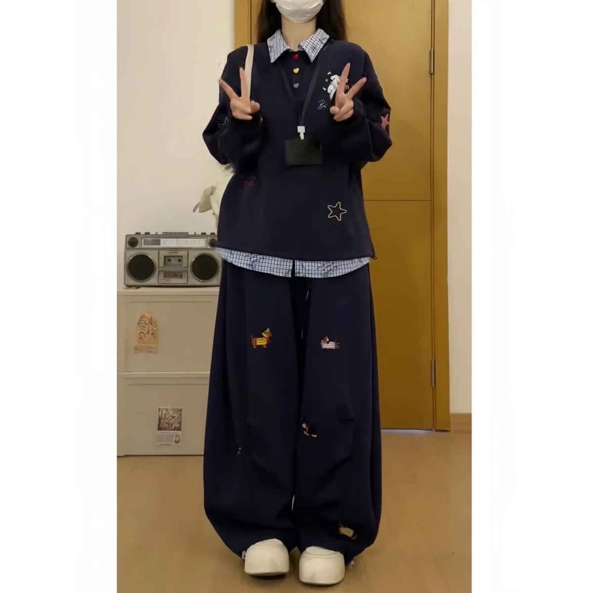 假两件刺绣格子拼接撞色休闲运动套装秋冬女学生潮流百搭两件套潮