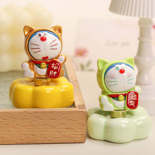 可旋转哆啦A梦景德镇陶瓷转转叮当猫招财猫diy饰品公仔桌面小摆件