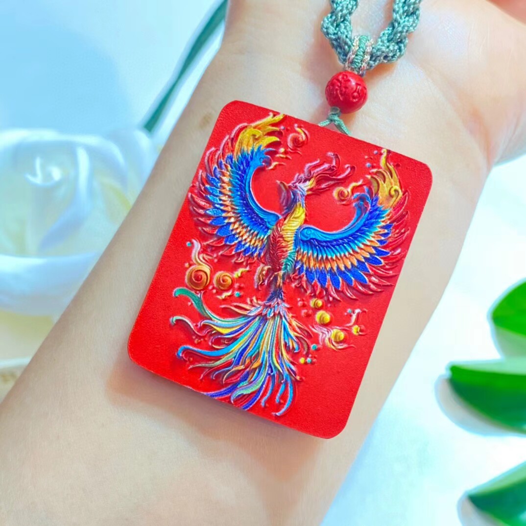 新品彩绘朱砂【凤凰】高货南红，玉石手工绳！直径45*35*7mm