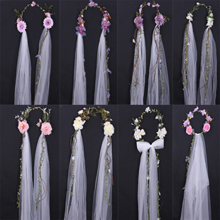 新款新娘花朵头饰头花韩式森系花环头纱发带影楼拍照发饰婚纱配饰