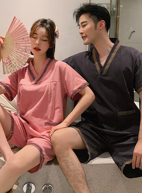 中国风中式V领家居服夏季浴服汗蒸服SAP男士女士大码洗浴会所客服