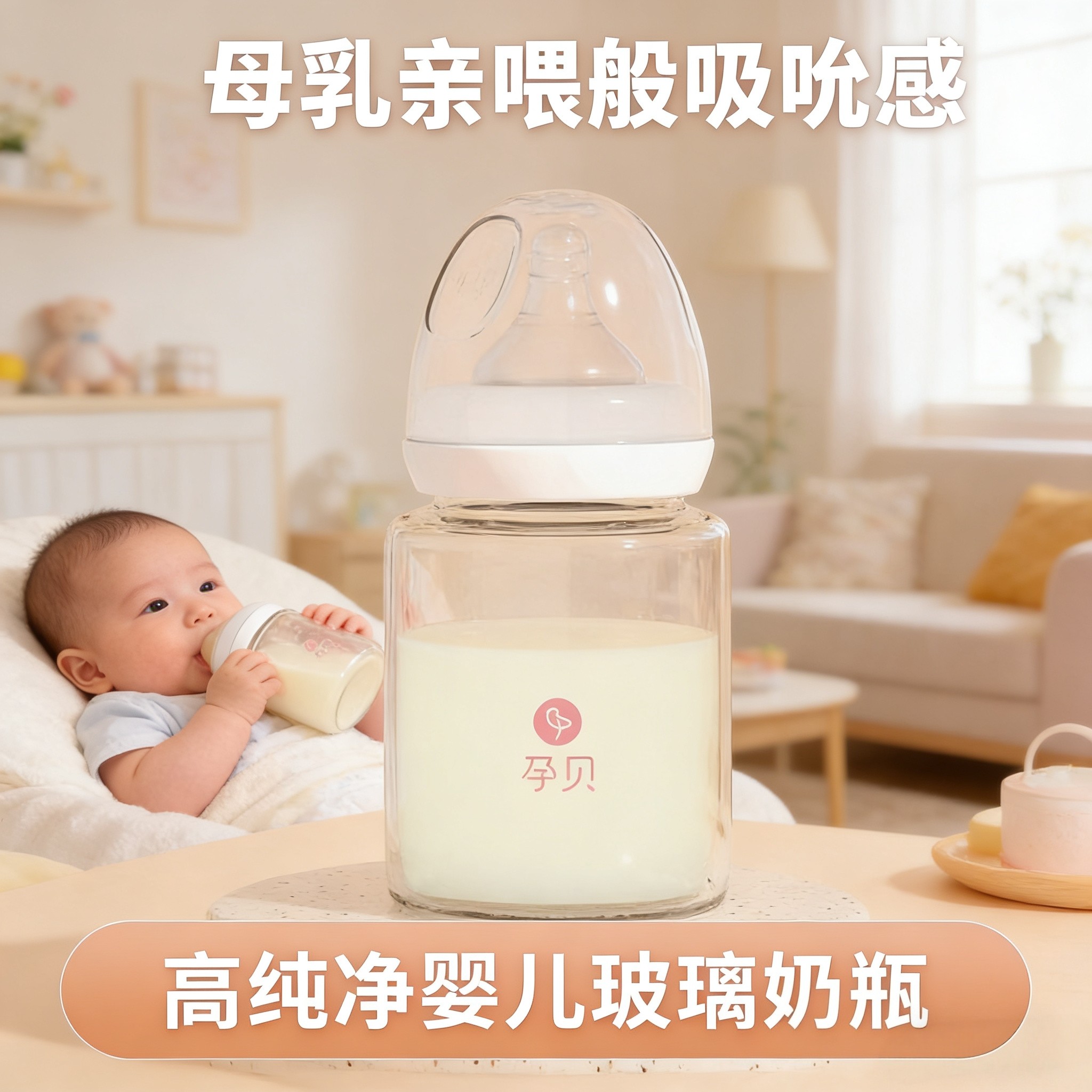 孕贝宽口径玻璃奶瓶防母乳奶嘴新生儿防胀气0-6个月宝宝专用奶瓶