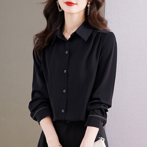 九月陌墨高级感黑色雪纺长袖衬衫上衣女2023新款职业气质薄款衬衣