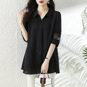 九月陌墨时尚洋气减龄蕾丝拼接衬衣胖mm大码女装夏季衬衫半袖上衣