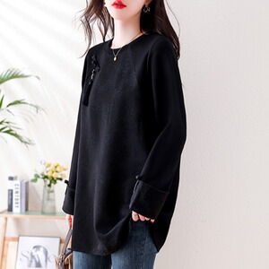 九月陌墨复古提花拼接t恤女欧洲站春秋宽松上衣2024新款大码女装