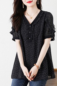 品牌折扣法式印花优雅短袖衬衣女2023年夏装新款遮肚宽松显瘦上衣
