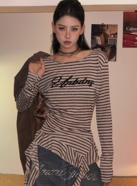 DoubleD美式复古辣妹风流苏飘带条纹长袖T恤女斜肩收腰打底衫上衣