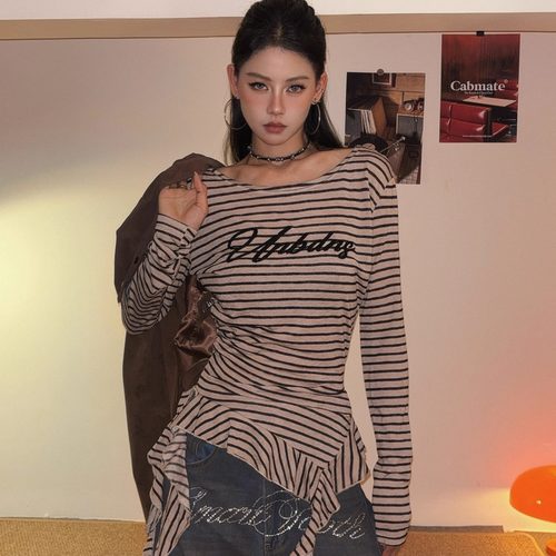 美式复古辣妹风条纹长袖T恤女