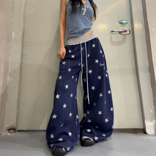 复古星星满印阔腿运动裤女松紧腰