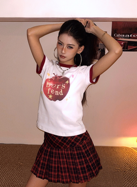 DoubleD美式撞色苹果印花短袖T恤女夏季甜酷修身显瘦短款正肩上衣