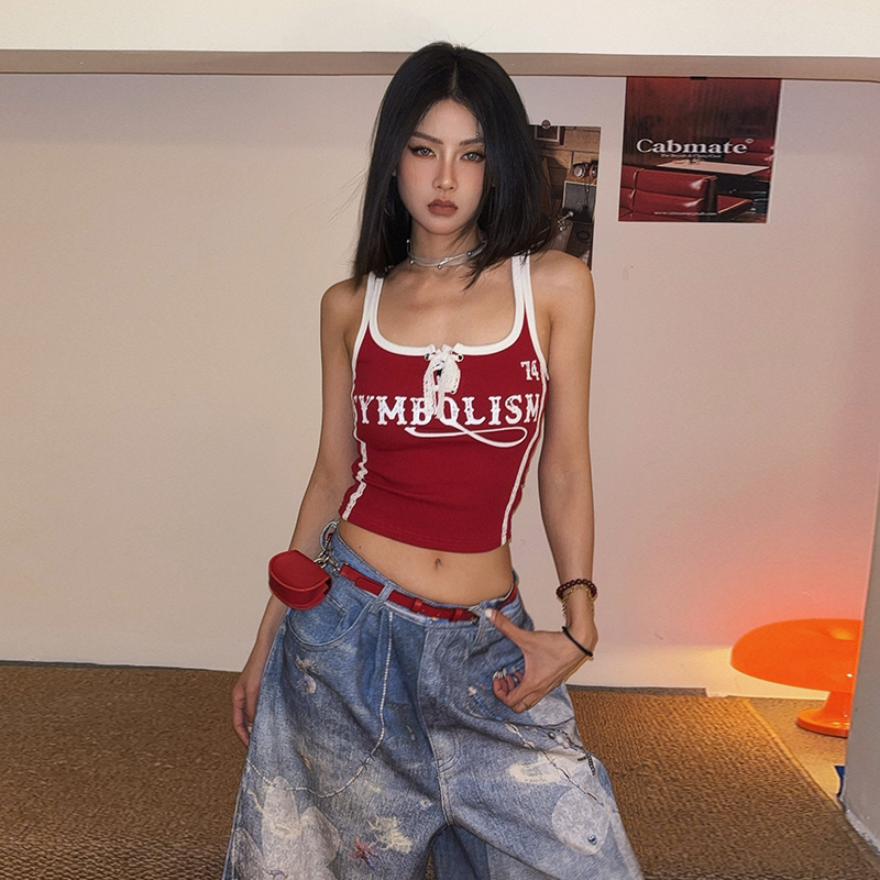 美式复古辣妹风字母印花吊带背心