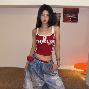 DoubleD美式复古辣妹风红色运动吊带背心女蕾丝拼接修身显瘦短款