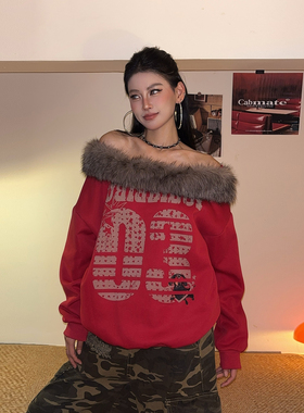 DoubleD美式复古红色数字印花一字领毛领长袖卫衣女秋冬宽松上衣