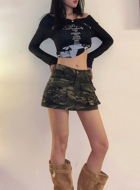 DoubleD美式复古y2k千禧辣妹迷彩短裙女显瘦包臀工装口袋A字半裙