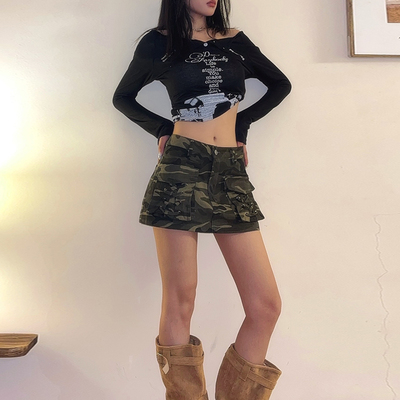 2025新款女美式复古迷彩牛仔短裙