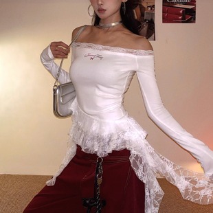 DoubleD美式辣妹蕾丝飘带一字肩长袖T恤女秋季修身显瘦打底衫上衣
