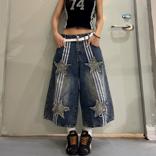 美式复古条纹七分阔腿牛仔裤女