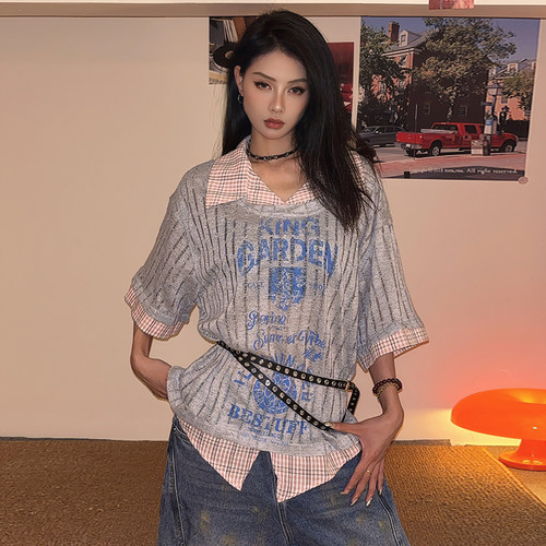 破洞针织假两件短袖女
