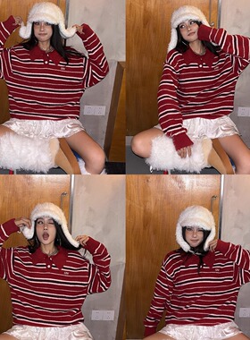 DoubleD美式复古红色条纹POLO领毛衣女秋冬保暖针织衫慵懒风上衣