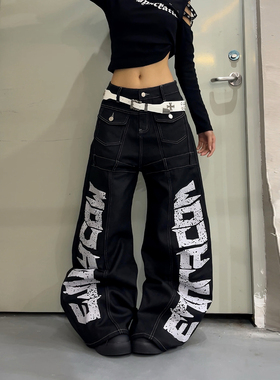 DoubleD美式街头涂层字母印花弯刀牛仔裤女宽松复古结构阔腿裤子