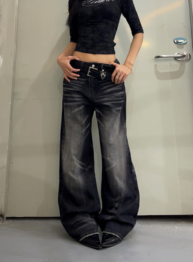 DoubleD美式复古重磅水洗猫须直通黑色牛仔长裤男女宽松拖地裤子