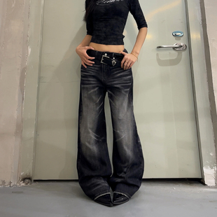 男女宽松拖地裤 子 复古重磅水洗猫须直筒黑色牛仔长裤 DoubleD美式