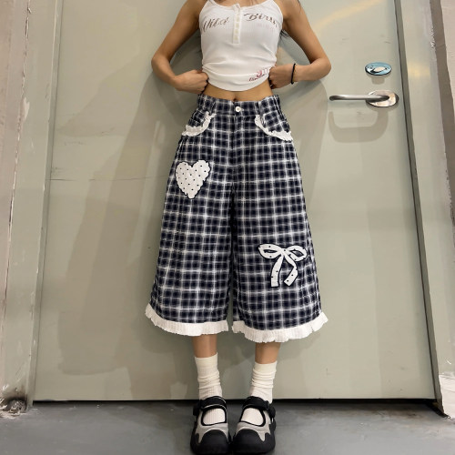 2026少女高腰格子蝴蝶结七分裤