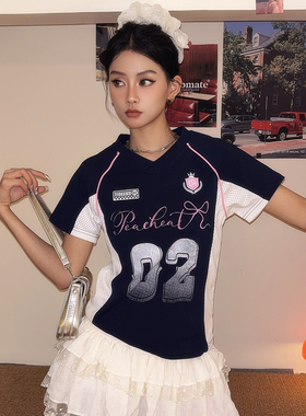 DoubleD复古blokette撞色条纹运动短袖球衣t恤女夏美式辣妹上衣潮
