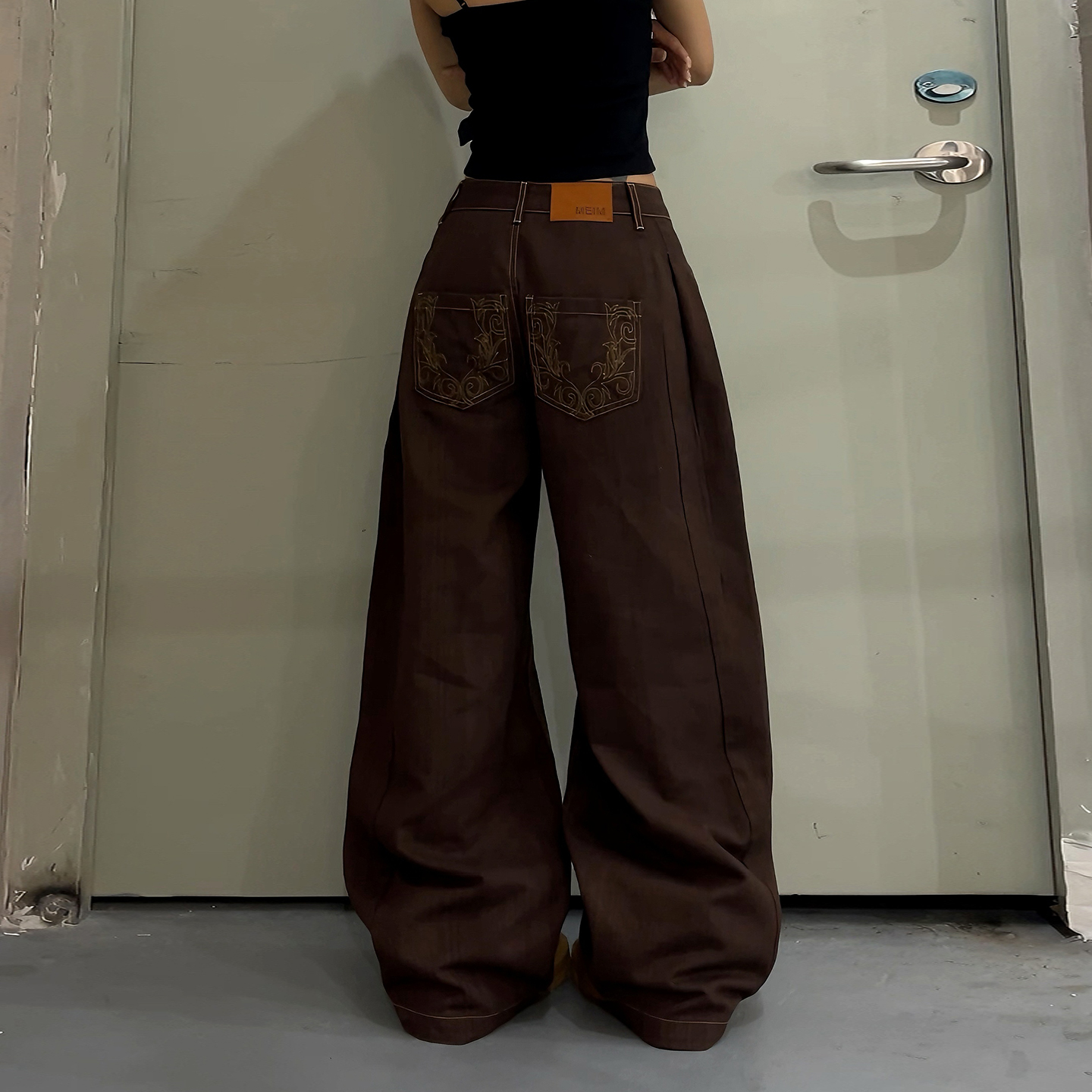 DoubleD美式复古棕色绣花条纹弯刀裤男女宽松老钱风潮阔腿牛仔裤